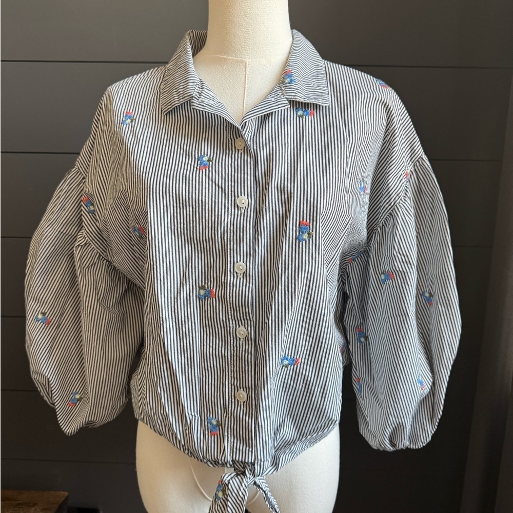 Sanctuary Blue & White Striped Button Up  Floral Embroidery Front Tie Spring Top